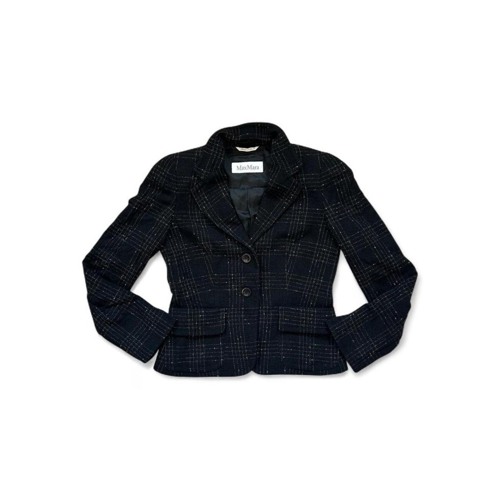 MaxMara Wool Blend plaid black & cream blazer jacket 2 Preppy